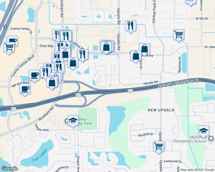 map of restaurants, bars, coffee shops, grocery stores, and more near 1641 Stockton Drive in Sanford