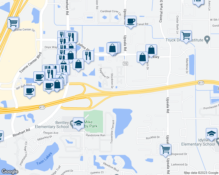 map of restaurants, bars, coffee shops, grocery stores, and more near 1630 Stockton Drive in Sanford