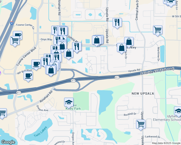 map of restaurants, bars, coffee shops, grocery stores, and more near 1180 Purdue Lane in Sanford