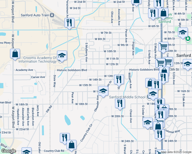 map of restaurants, bars, coffee shops, grocery stores, and more near 1412 West 13th Place in Sanford