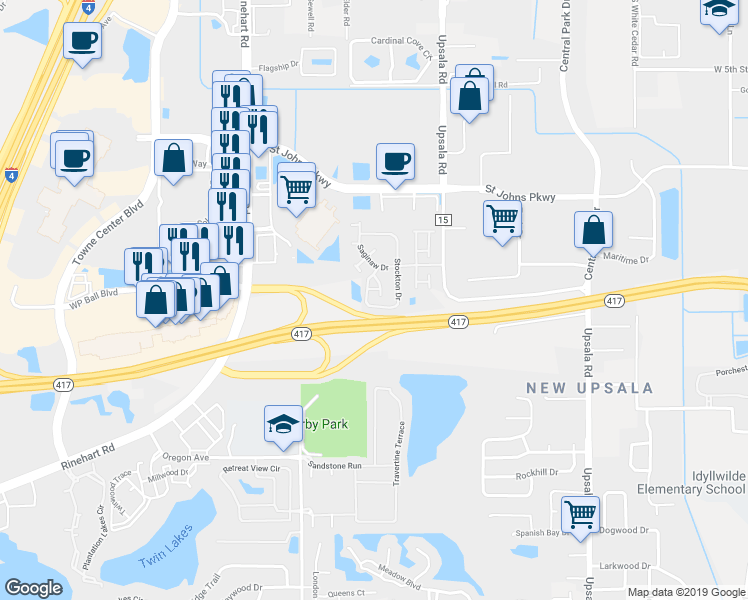 map of restaurants, bars, coffee shops, grocery stores, and more near 1180 Purdue Lane in Sanford