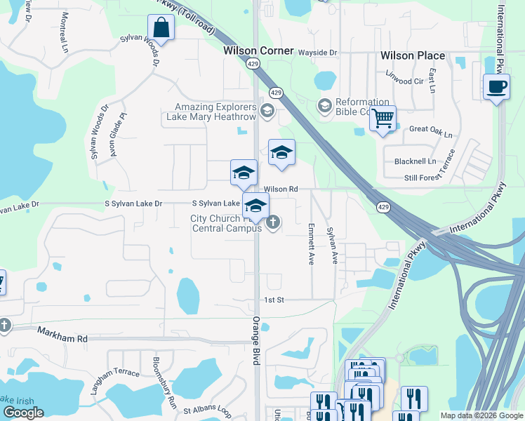 map of restaurants, bars, coffee shops, grocery stores, and more near 5750 Bassett Place in Sanford