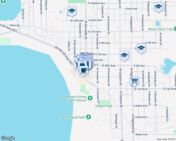 map of restaurants, bars, coffee shops, grocery stores, and more near 427 North Donnelly Street in Mount Dora