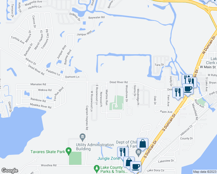 map of restaurants, bars, coffee shops, grocery stores, and more near 2228 Martins Run in Tavares