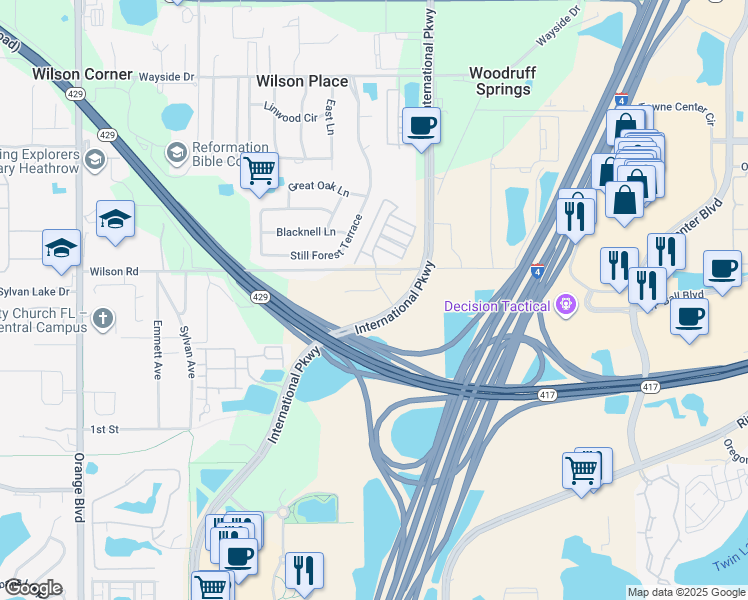 map of restaurants, bars, coffee shops, grocery stores, and more near 5065 Wilson Road in Sanford