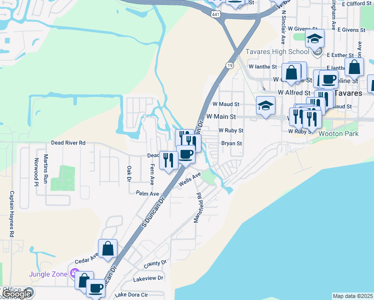 map of restaurants, bars, coffee shops, grocery stores, and more near 203 Rue De Pont in Tavares