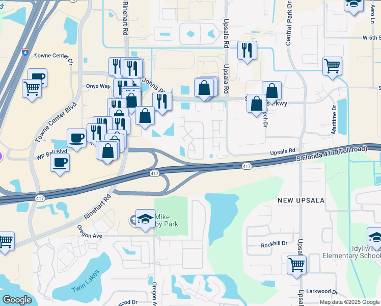 map of restaurants, bars, coffee shops, grocery stores, and more near 1140 Purdue Lane in Sanford