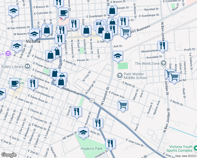 map of restaurants, bars, coffee shops, grocery stores, and more near 1304 East Stayton Avenue in Victoria