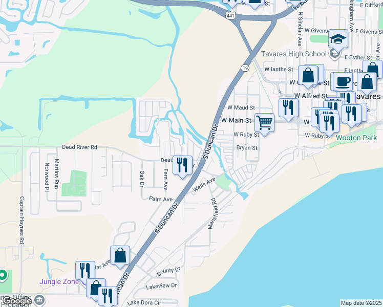 map of restaurants, bars, coffee shops, grocery stores, and more near 248 Rue De Fontaine in Tavares