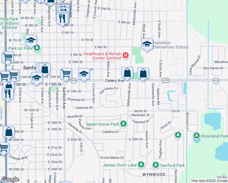 map of restaurants, bars, coffee shops, grocery stores, and more near 1402 Mara Court in Sanford