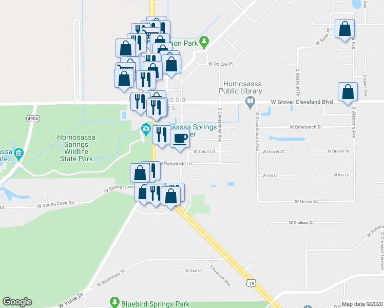 map of restaurants, bars, coffee shops, grocery stores, and more near 8394 West Cecil Lane in Homosassa