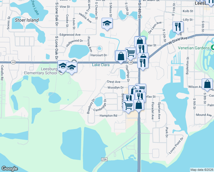 map of restaurants, bars, coffee shops, grocery stores, and more near 1606 Woodlyn Drive in Leesburg