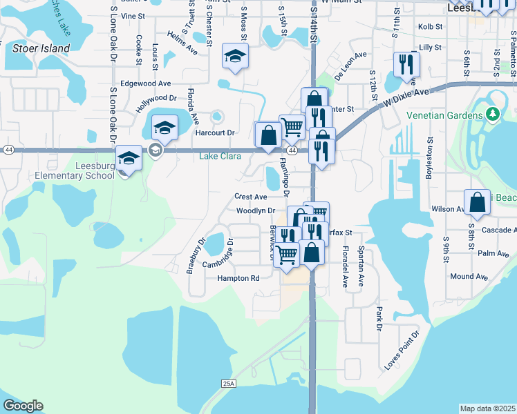 map of restaurants, bars, coffee shops, grocery stores, and more near 1518 Woodlyn Drive in Leesburg