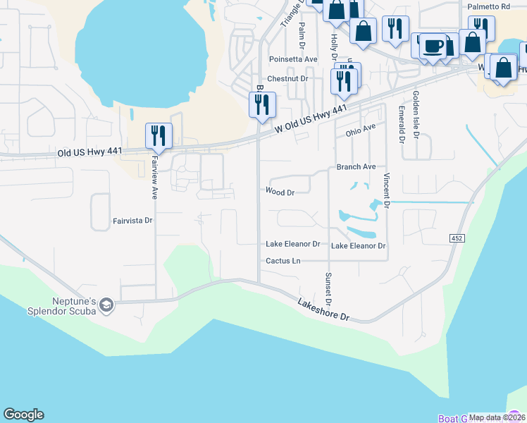 map of restaurants, bars, coffee shops, grocery stores, and more near 486 Bay Road in Mount Dora