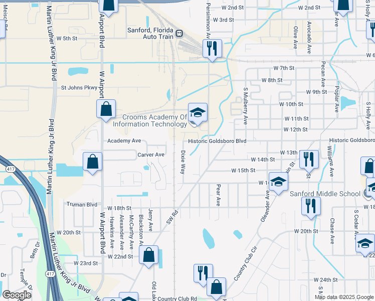 map of restaurants, bars, coffee shops, grocery stores, and more near 1313 Dixie Way in Sanford