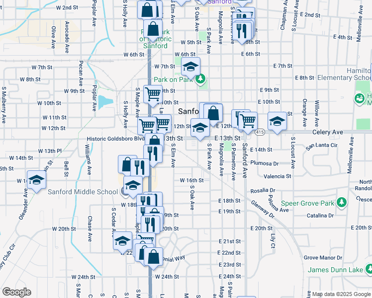 map of restaurants, bars, coffee shops, grocery stores, and more near in Sanford