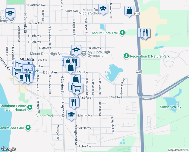 map of restaurants, bars, coffee shops, grocery stores, and more near 416 North Rhodes Street in Mount Dora