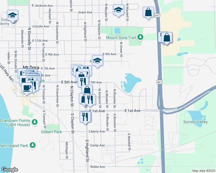 map of restaurants, bars, coffee shops, grocery stores, and more near 416 North Rhodes Street in Mount Dora