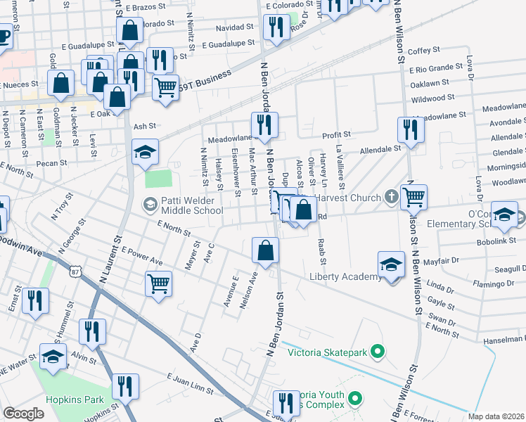 map of restaurants, bars, coffee shops, grocery stores, and more near 2003 Woodlawn Street in Victoria