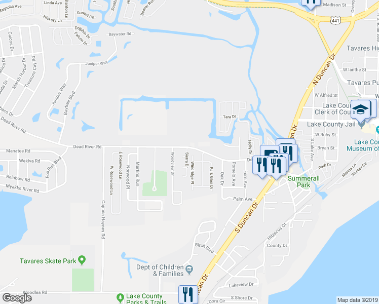 map of restaurants, bars, coffee shops, grocery stores, and more near 336 Windridge Place in Tavares