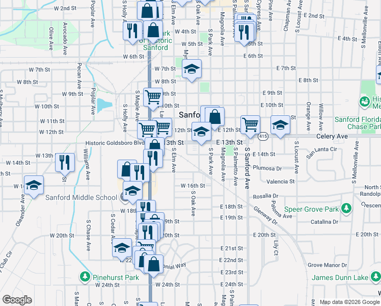 map of restaurants, bars, coffee shops, grocery stores, and more near 212 West 14th Street in Sanford