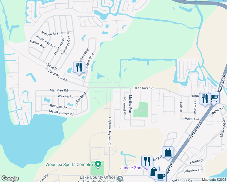 map of restaurants, bars, coffee shops, grocery stores, and more near 342 West Rosewood Lane in Tavares