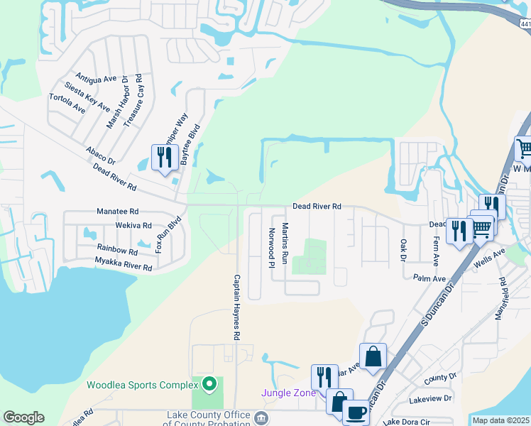 map of restaurants, bars, coffee shops, grocery stores, and more near 313 East Rosewood Lane in Tavares