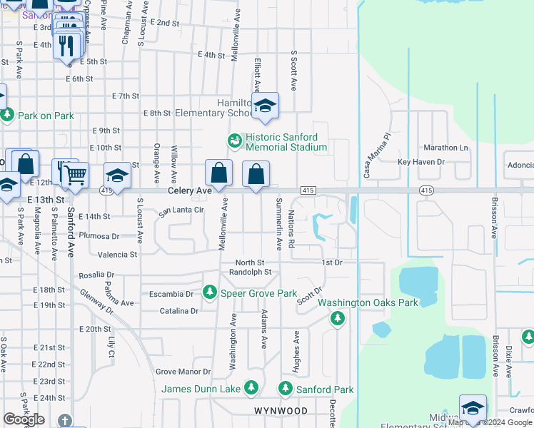 map of restaurants, bars, coffee shops, grocery stores, and more near 1325 South Elliott Street in Sanford