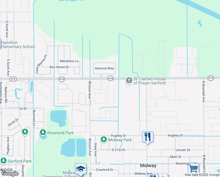 map of restaurants, bars, coffee shops, grocery stores, and more near 2224 Tulip Valley Point in Sanford