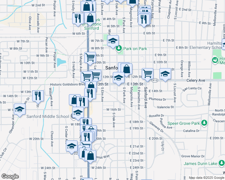 map of restaurants, bars, coffee shops, grocery stores, and more near 210 West 14th Street in Sanford