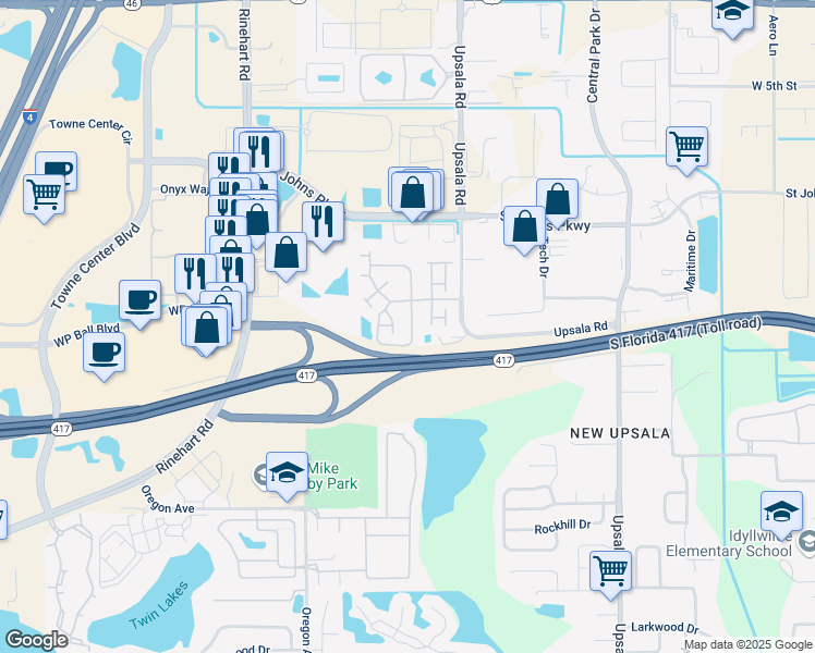 map of restaurants, bars, coffee shops, grocery stores, and more near 1180 Purdue Lane in Sanford