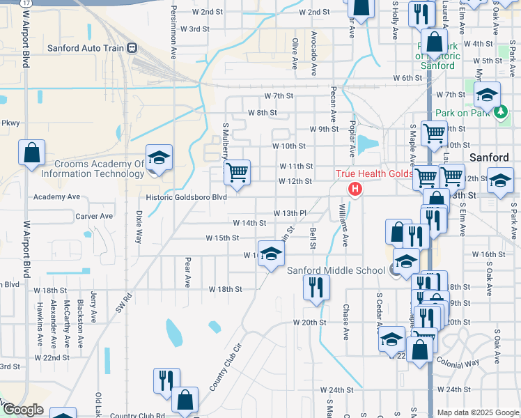 map of restaurants, bars, coffee shops, grocery stores, and more near 1412 West 13th Place in Sanford
