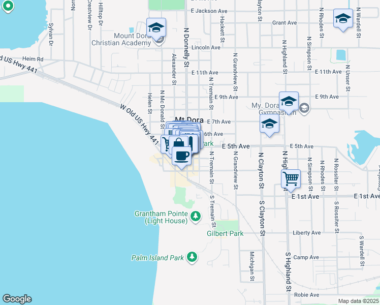 map of restaurants, bars, coffee shops, grocery stores, and more near 427 North Donnelly Street in Mount Dora