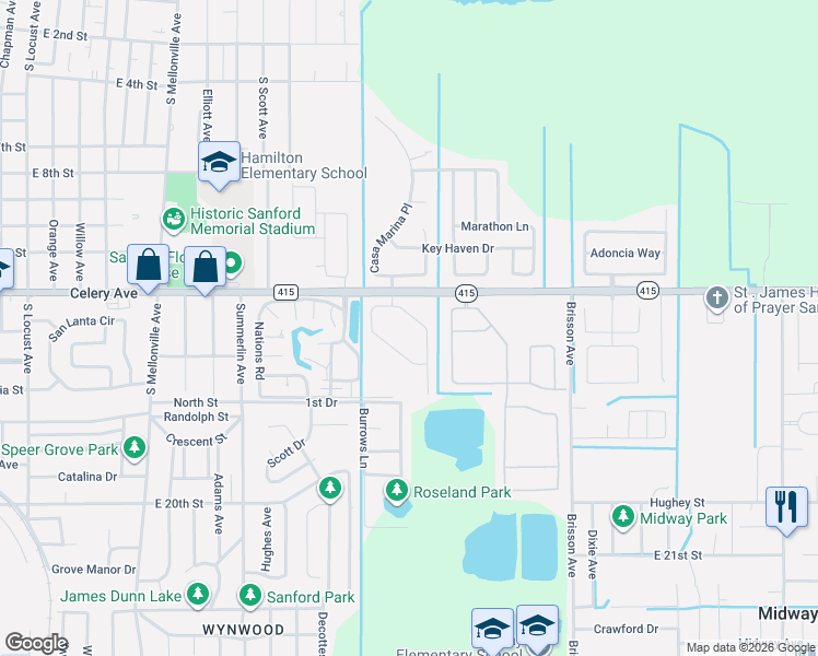 map of restaurants, bars, coffee shops, grocery stores, and more near 118 Pinefield Drive in Sanford
