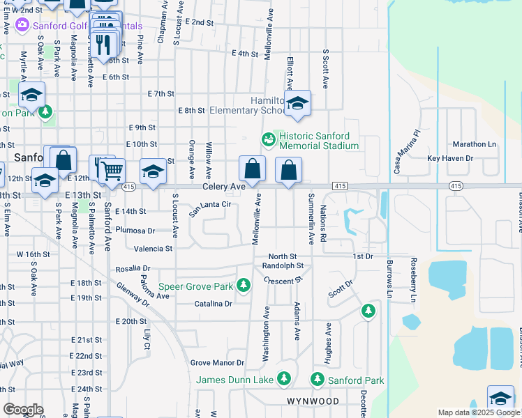 map of restaurants, bars, coffee shops, grocery stores, and more near 1316 Douglas Street in Sanford