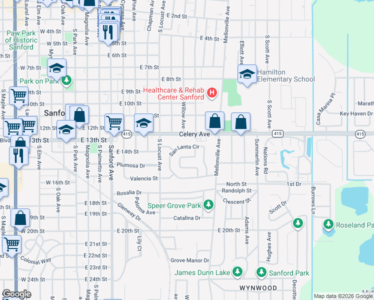 map of restaurants, bars, coffee shops, grocery stores, and more near 1402 Mara Court in Sanford