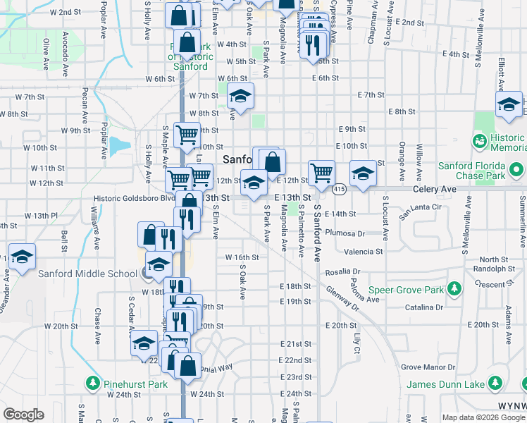 map of restaurants, bars, coffee shops, grocery stores, and more near 1318 South Park Avenue in Sanford