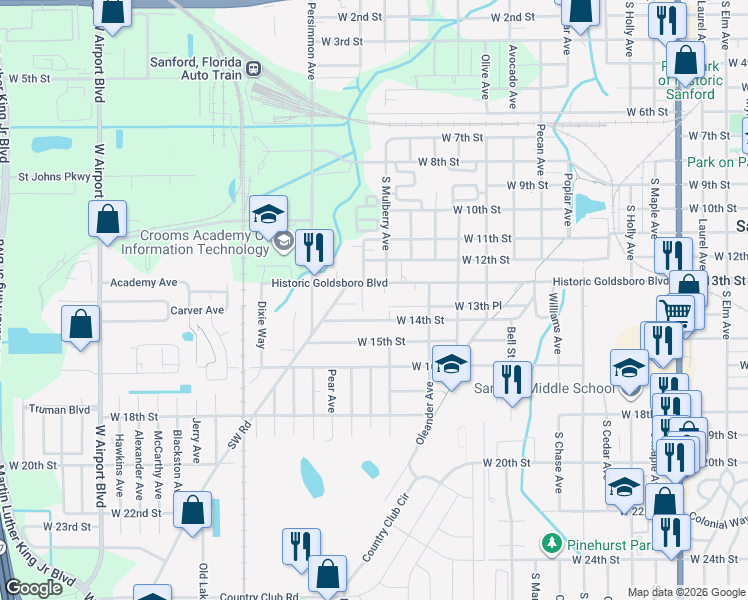 map of restaurants, bars, coffee shops, grocery stores, and more near 1790 West 13th Place in Sanford