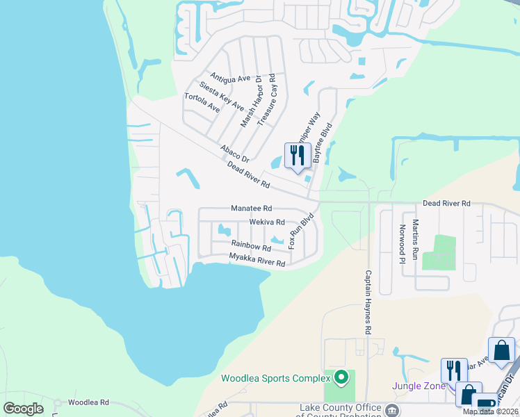 map of restaurants, bars, coffee shops, grocery stores, and more near Manatee Road in Tavares