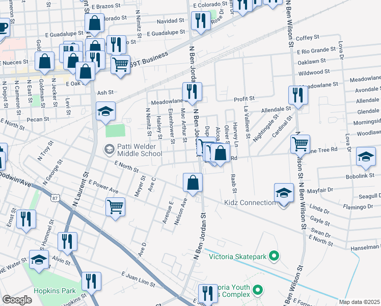 map of restaurants, bars, coffee shops, grocery stores, and more near 2003 Woodlawn Street in Victoria