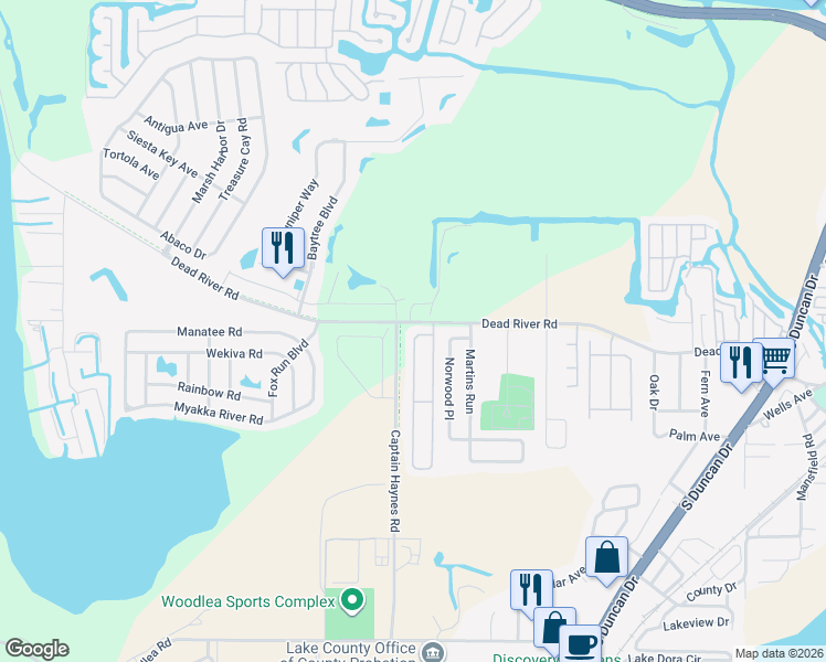 map of restaurants, bars, coffee shops, grocery stores, and more near 330 West Rosewood Lane in Tavares