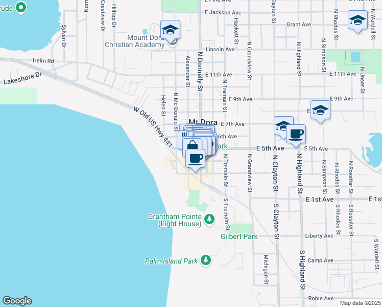 map of restaurants, bars, coffee shops, grocery stores, and more near 427 North Donnelly Street in Mount Dora