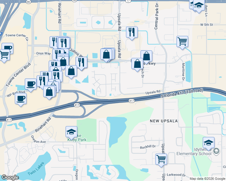 map of restaurants, bars, coffee shops, grocery stores, and more near 1070 Rutgers Lane in Sanford