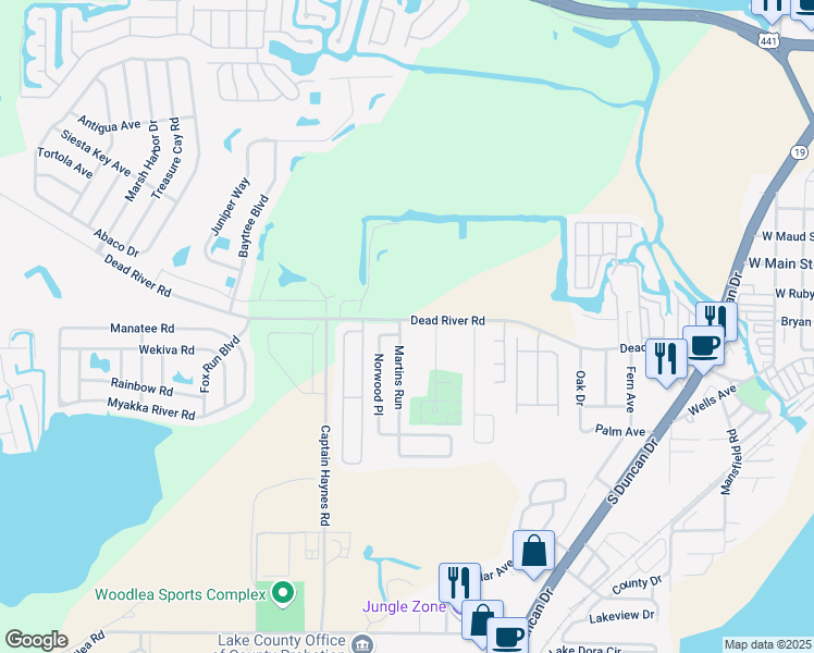 map of restaurants, bars, coffee shops, grocery stores, and more near 2210 Martins Run in Tavares