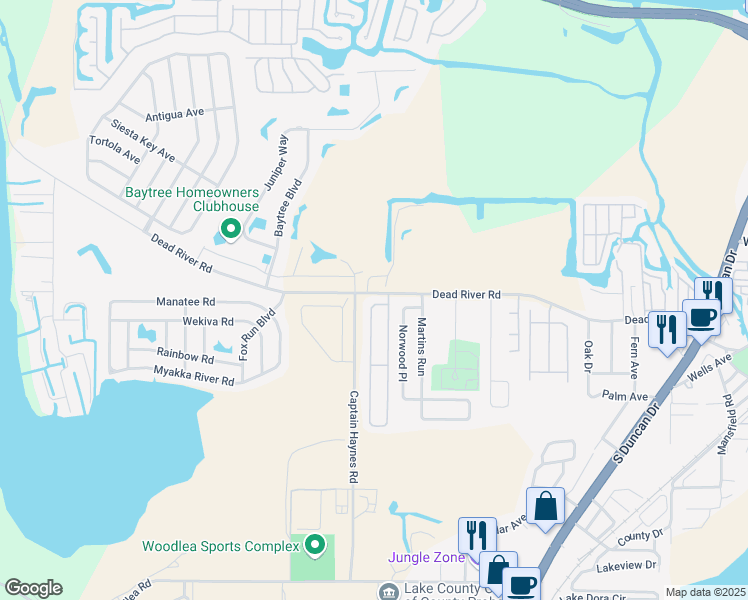 map of restaurants, bars, coffee shops, grocery stores, and more near 313 East Rosewood Lane in Tavares