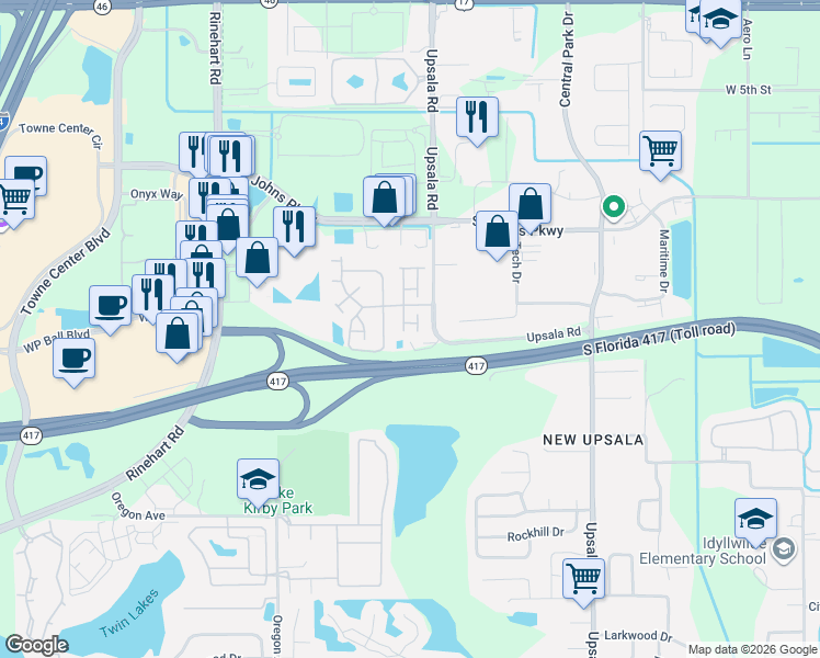 map of restaurants, bars, coffee shops, grocery stores, and more near 1070 Rutgers Lane in Sanford