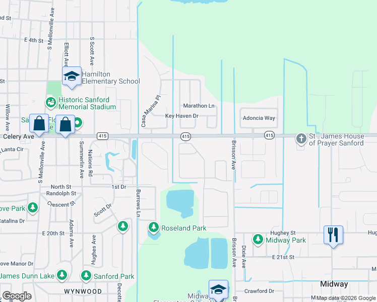 map of restaurants, bars, coffee shops, grocery stores, and more near 109 Rockwood Way in Sanford