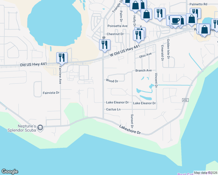 map of restaurants, bars, coffee shops, grocery stores, and more near 486 Bay Road in Mount Dora