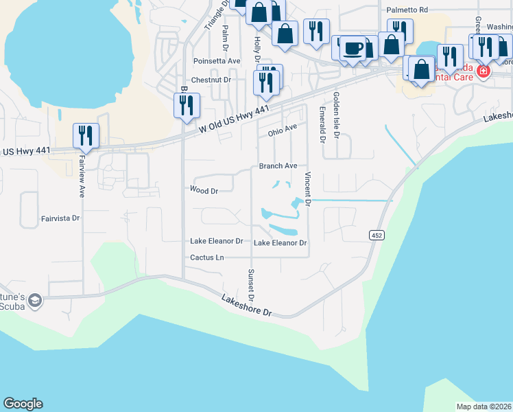 map of restaurants, bars, coffee shops, grocery stores, and more near 486 North Sunset Drive in Mount Dora