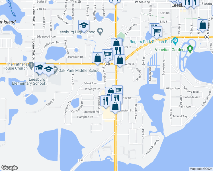 map of restaurants, bars, coffee shops, grocery stores, and more near 1108 Flamingo Drive in Leesburg